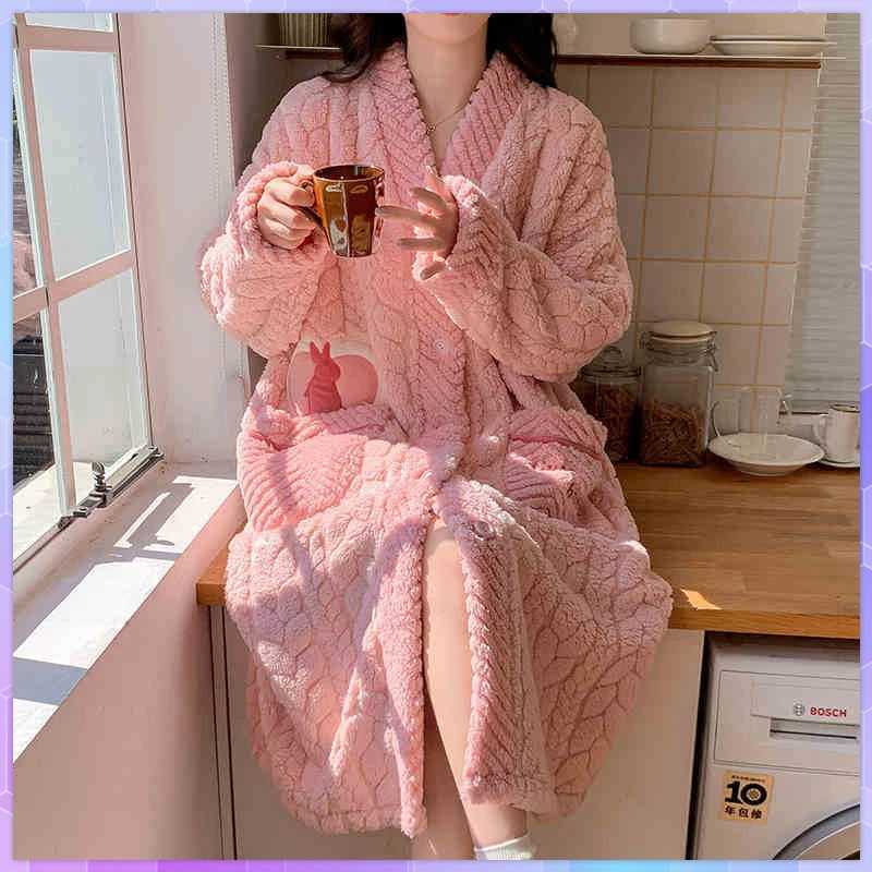 Warm Nightgown Flannel Robe Warm Bathrobe Womens Long Sleeve Pajamas Long Robes Thick Loungewear Flower Coral Fleece Cardigan Z250925
