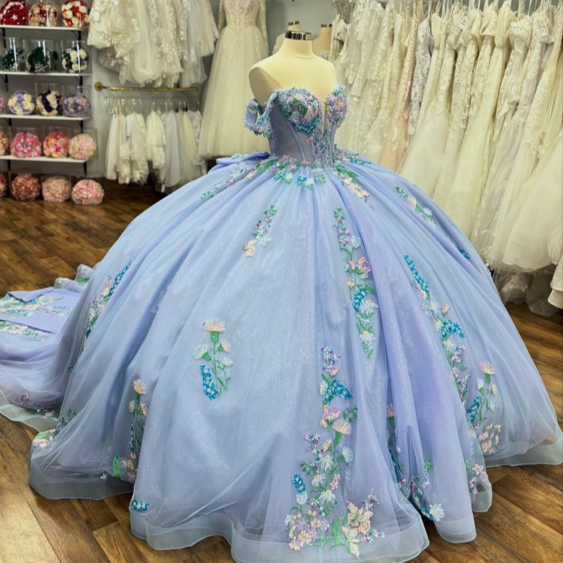 Sky Blue Shiny Quinceanera Dresses Off The Shoulder Applique Lace Beads Bow Corset Tull Party Birthday Sweet 16 Dress Vestidos 15 De Anos