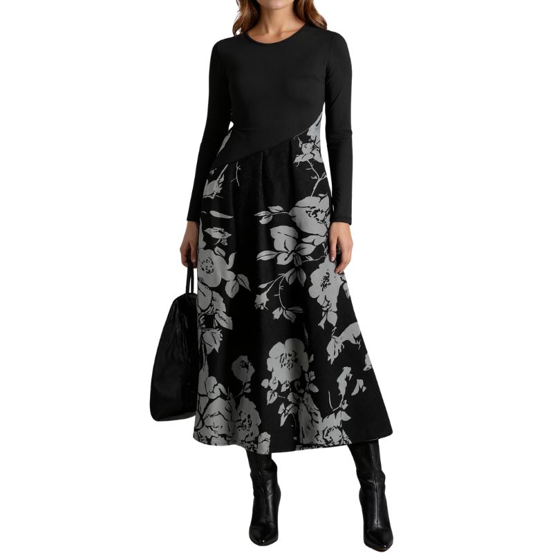 Women's Autumn Winter Elegant Retro Floral Patchwork Long - Sleeve High - Waist Maxi Dress Casual Dress-CF56272