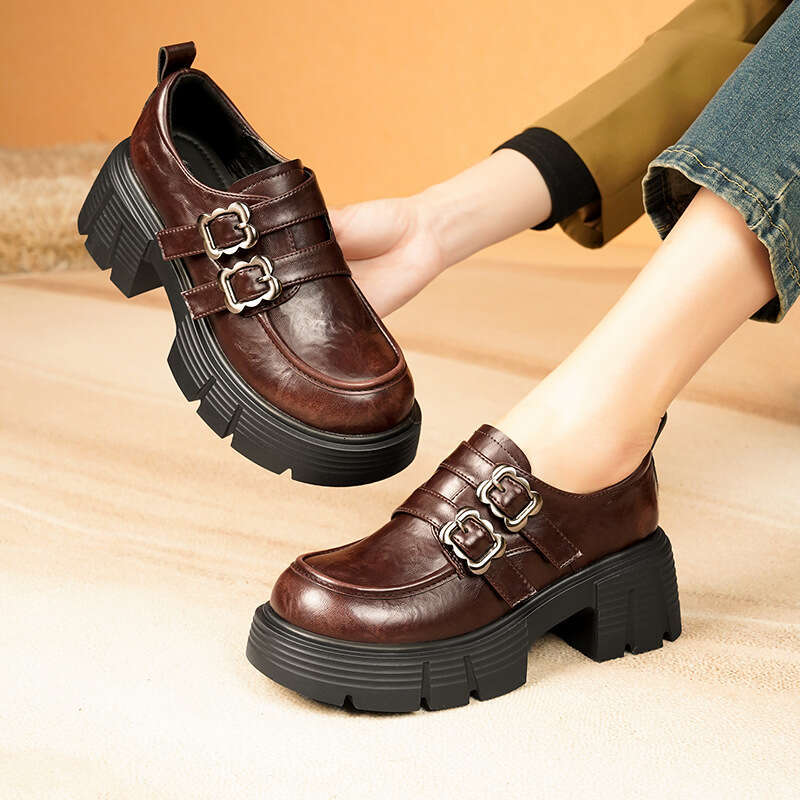 British Style Women's Loafers Designer Shoe with Belt Buckle Velcro, Thick Sole Chunky Heel New for Autumn and Winter 2025