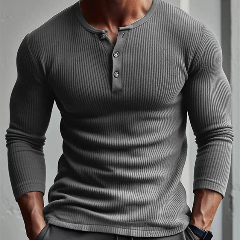 Long Sleeve polyester T-shirt Mens Breathable Thin Fabric Casual T-shirt Spring autum Henry-Neck Basic Tee Tops Man 240731