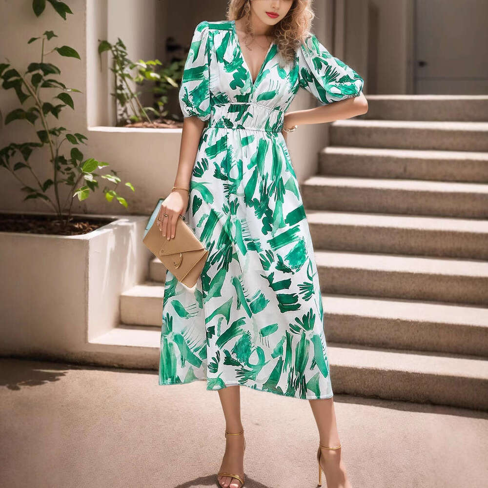 2025 Summer European and American Cross-Border Waist-Cinching Elegant V-Neck Printed Long Dress