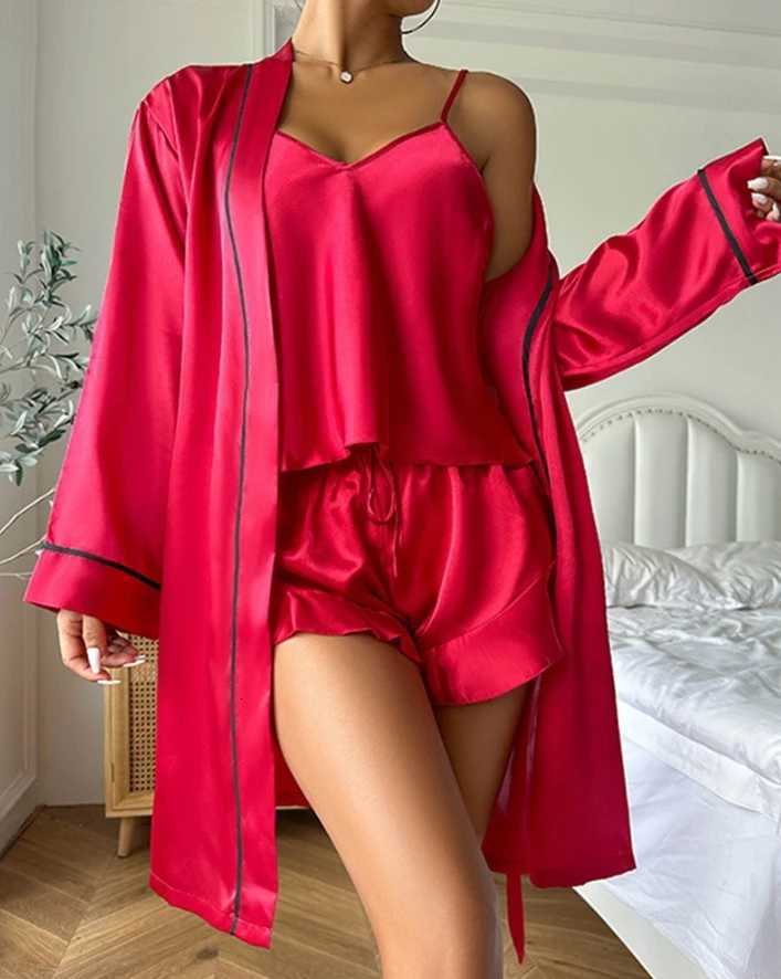 Women Home Three Piece Set 2025 VNeck Spaghetti StrapTops Ruffle Hem Drawstring Short Cami Set with Tied Detail Open Front Robe Z250925