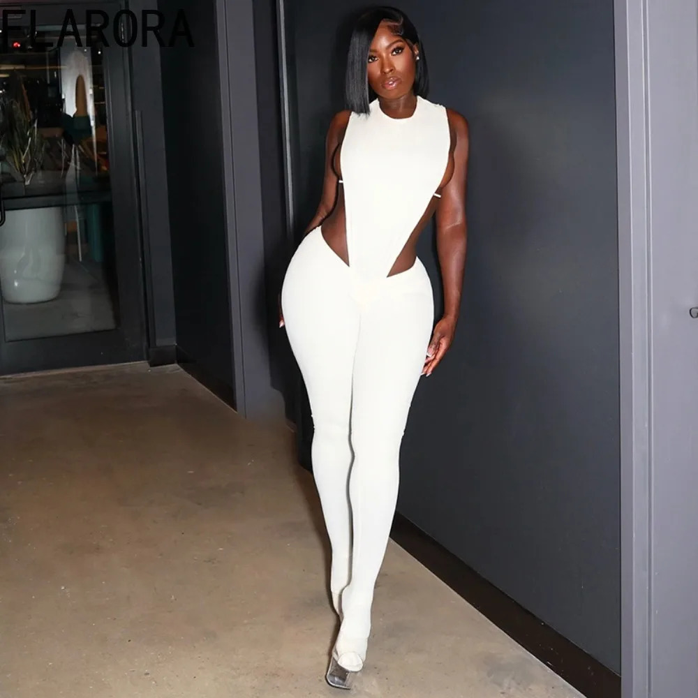 FLARORA Sexy Hollow Out Backless 2 Piece Set Woman Round Neck Sleeveless Fold Bodysuits And Skinny Pants Outfits Party Clubwear 250922
