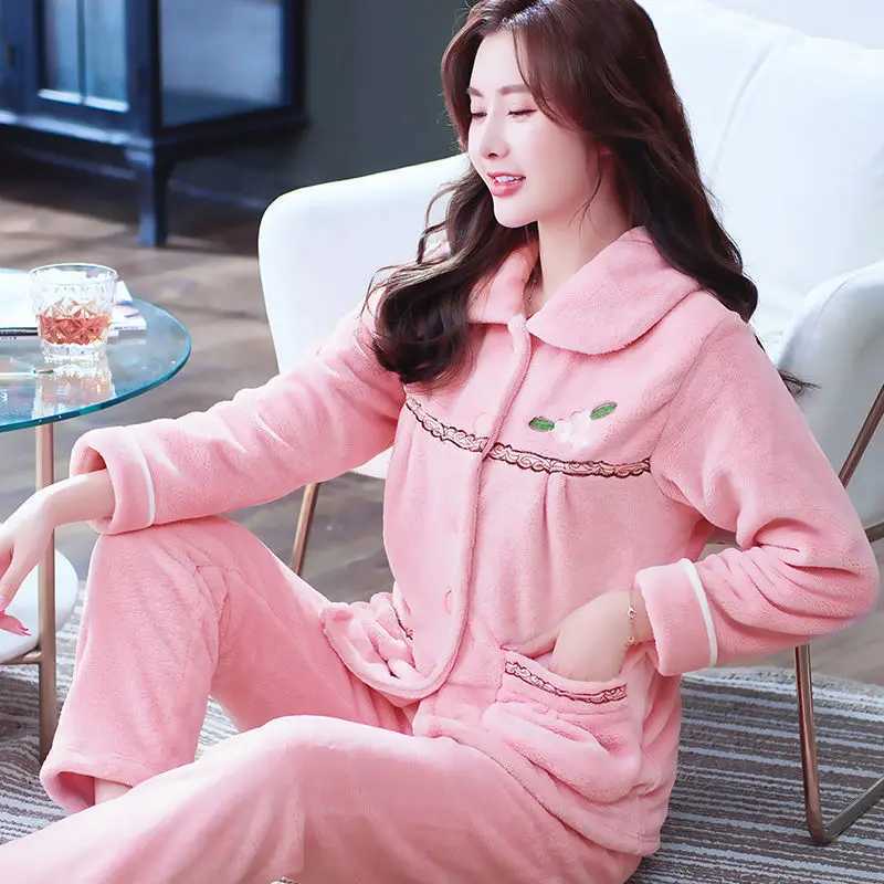 Autumn Winter Thicken Flannel Women Pajamas Set Twopiece suit Warm Loose Longsleeve Female Casual Home service Singlebreasted Z250925