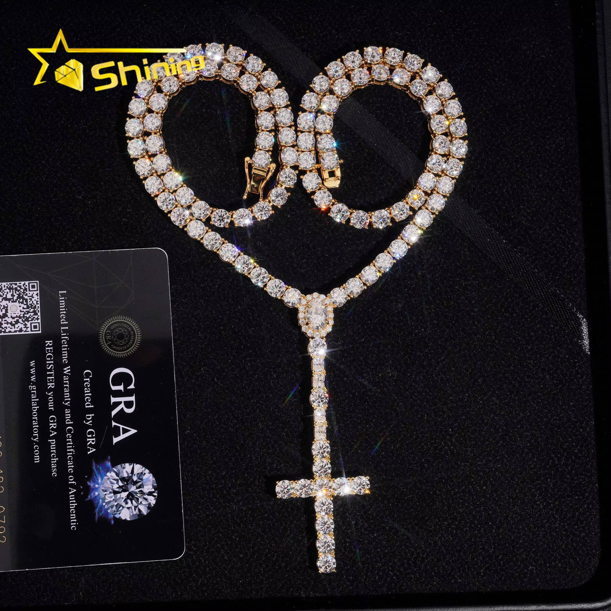 Hot Sale 5mm Moissanite Tennis Chain Necklace 925 Sterling Silver Gold Plated Pass Diamond Test Moissanite Cross Charm Necklace