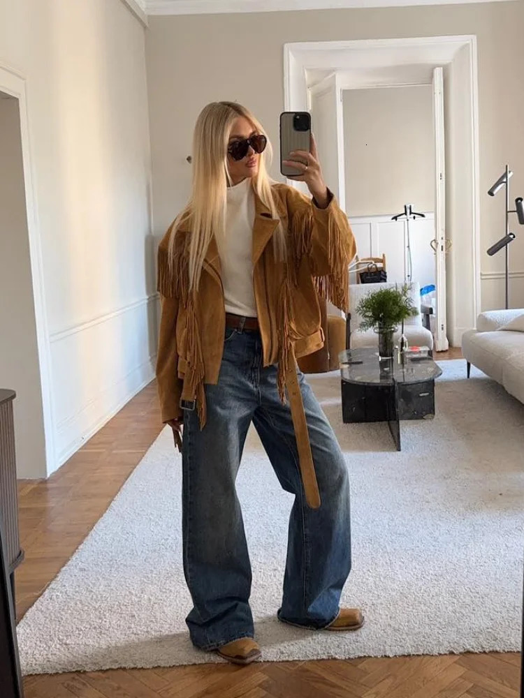 Chic Tassels Patchwork Brown Suede Jacket Women Elegant Lapel Full Sleeves Zipper Loose Coat Autumn Fashion Female Street Wear 250922 - view 5
