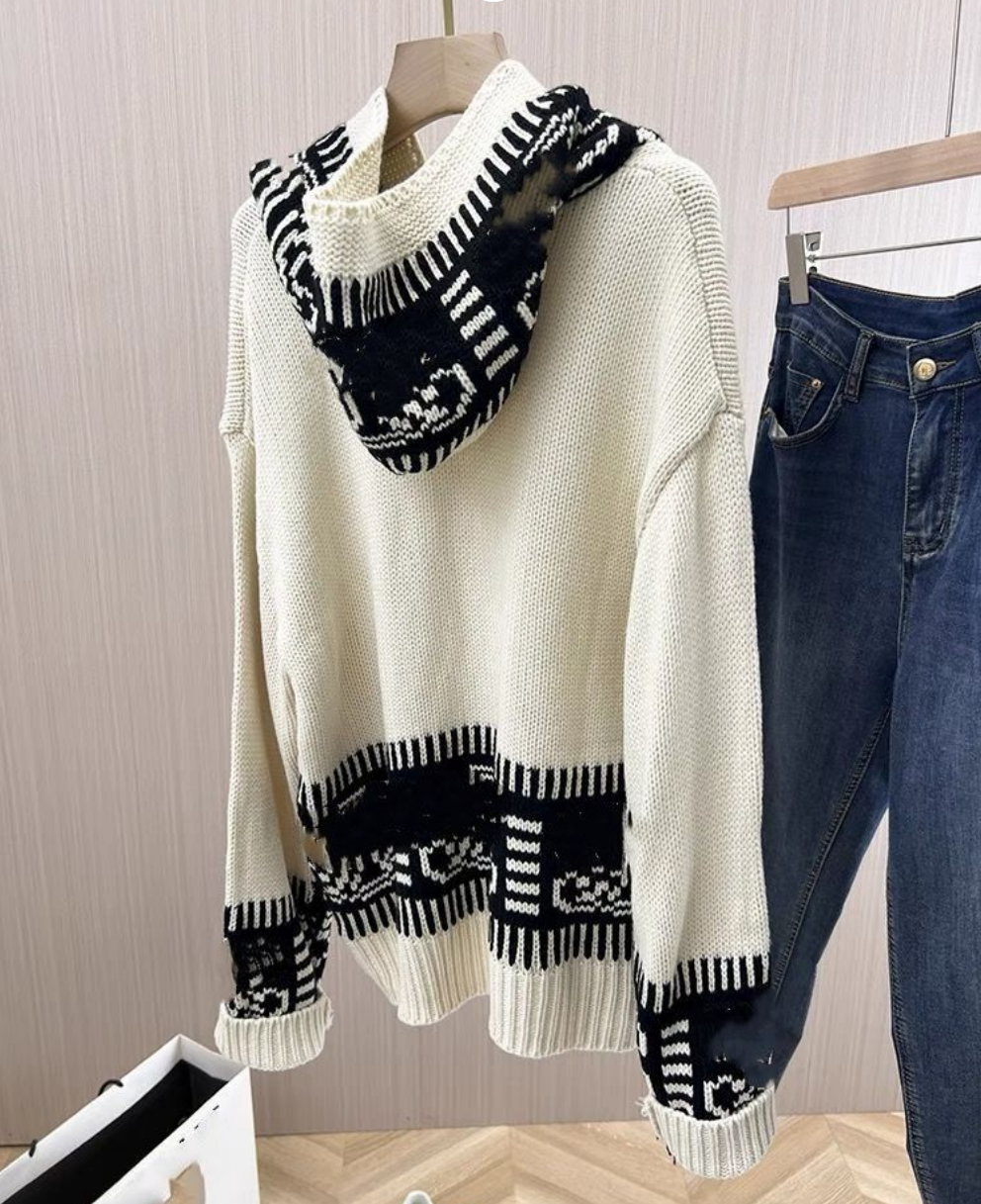 Design women's hooded color block loose knitted logo pattern jacquard sweater tops SML
