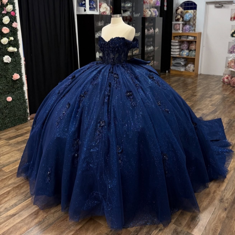 Navy Blue Shiny Quinceanera Dresses Off The Shoulder Applique Lace Beads Bow Corset Tull Party Birthday Sweet 16 Dress Vestidos 15 De Anos