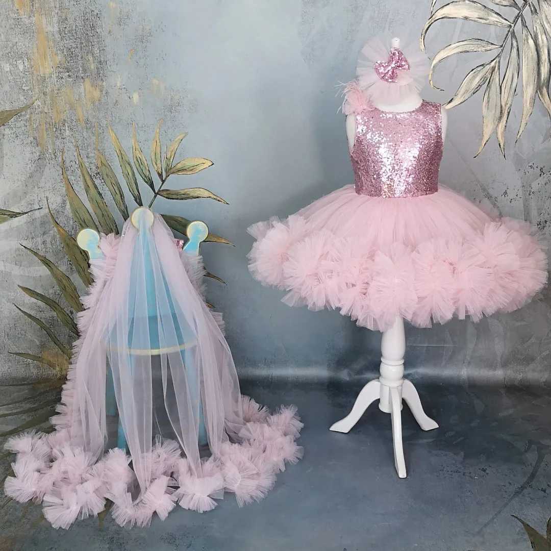 Customized Pink Flower Girl Dress Tulle Puffy Tiered Sequin With Bow And Trailing For Wedding Birthday Prom Party Banquet Gown Z250926