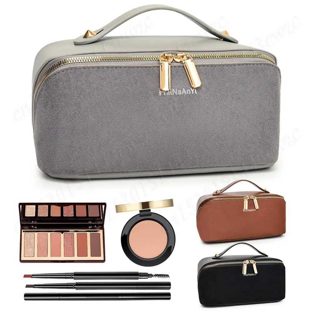 Women Suede Makeup Bag Cosmetic Bag Large Capacity Waterproof Makeup Pouch Dual Zipper Makeup Organizer Bag Makeup Storage Bag J250926