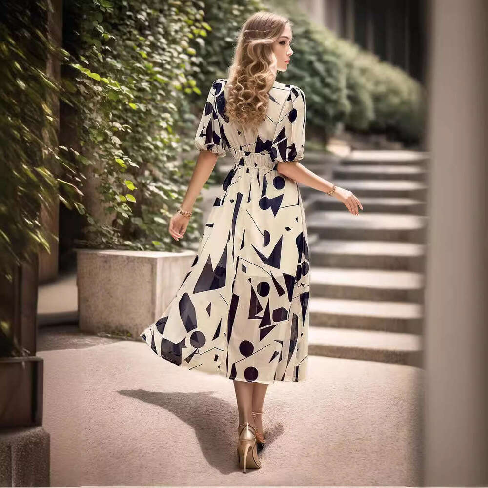 2025 Summer European and American Cross-Border Waist-Cinching Elegant V-Neck Printed Long Dress