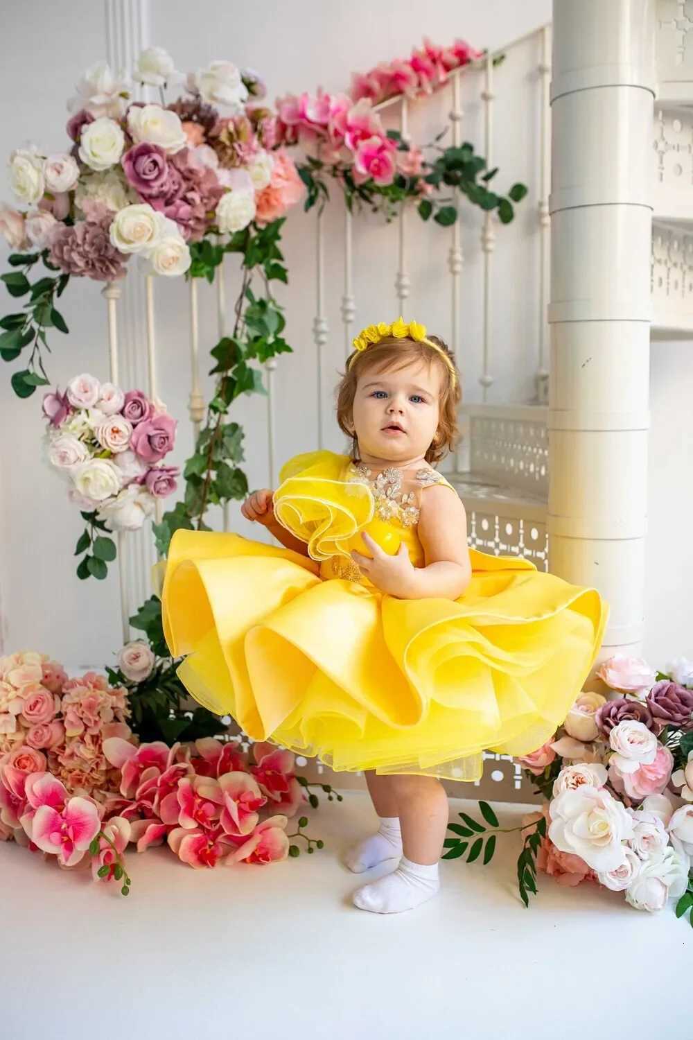 Lovely Yellow Flower Girl Dress Baby First Communion Gowns Wedding Thin Length Bow Belt Kids Birthday Gift Ball Party Clothing Z250926