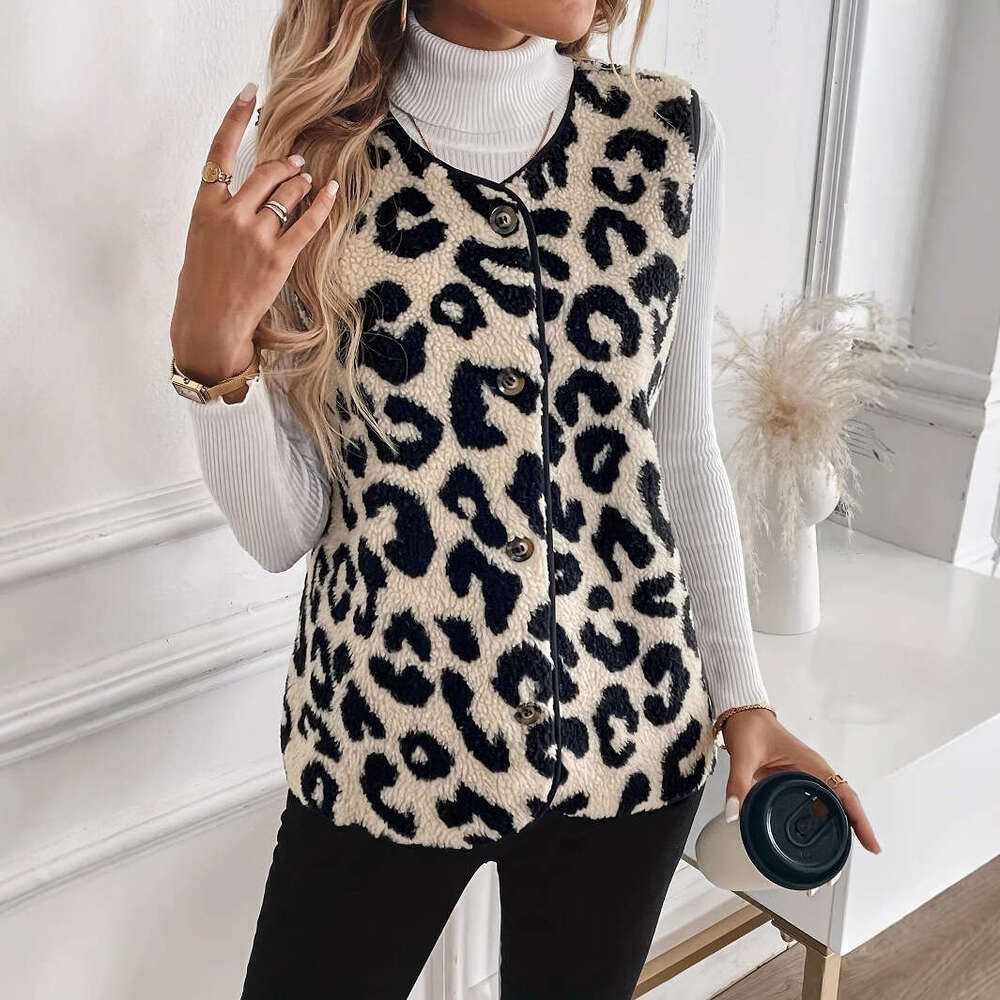 2025 Autumn Winter Cross-Border European and American New Leopard Print Front Button Plush Fashion Vest S8086