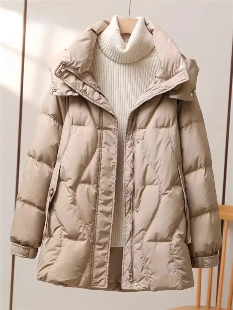 White Duck Down Jacket Women Warm Midlength Puffer Jacket 2025 Autumn Winter Fashion Casual Hooded Duck Down Coat Female 250917