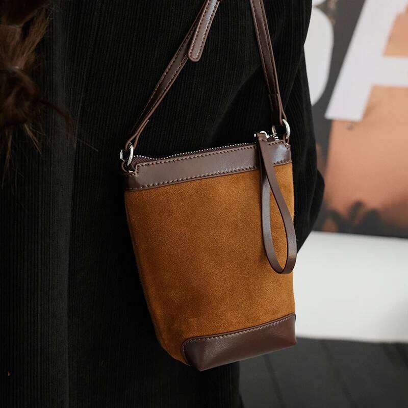 Autumn And Winter Women's Genuine Suede Mini Bucket Bag, Designer Handbags, Top-Grain Leather Commuting Crossbody Bag MDNG2509