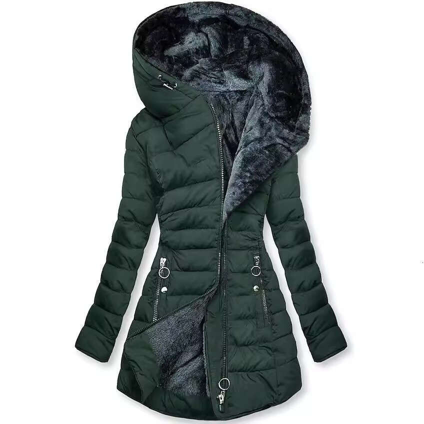 Winter Warm Fur Collar Jacket for Women with Zipper Long Sleeve Slim Fit Cotton Coat Hooded Overcoat 9060