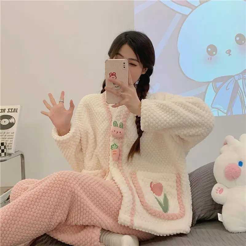 Women Cardigan Thicken Warm Coral Velvet Pajamas Set Color Block Flowers Sleepwear Flannel School Pajamas Womens Sweet Homewear Z250925
