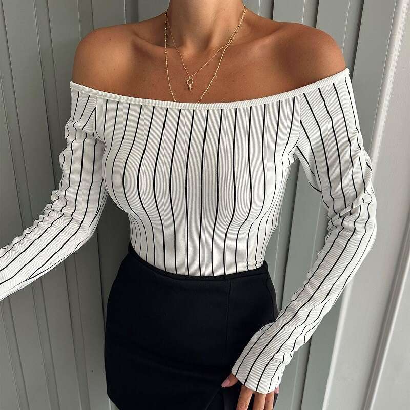 2025 Autumn Hot-Selling New Style Spicy Girl Striped Off-Shoulder Long Sleeve Casual Base Shirt Women's T-Shirt