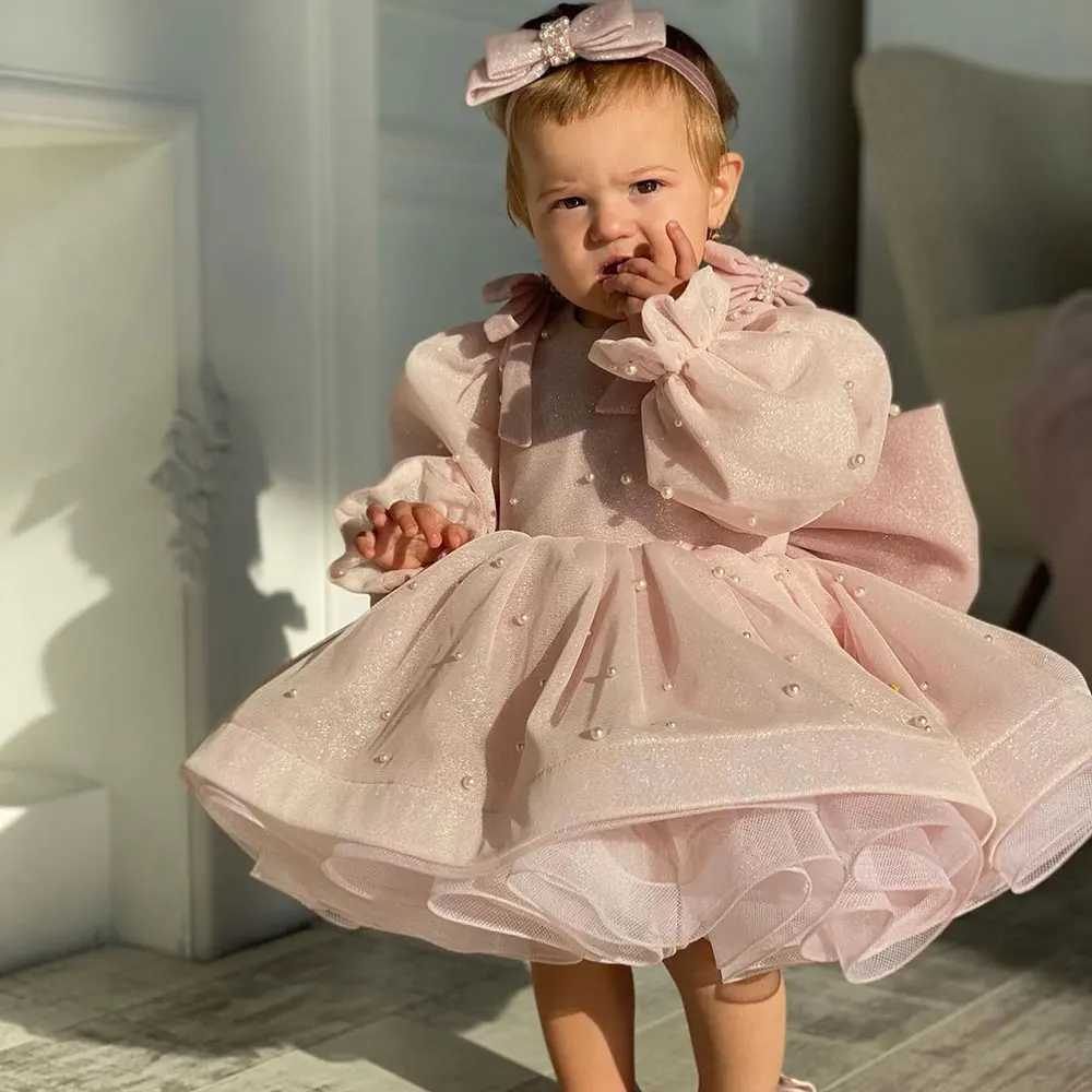 Pink Shining Flower Girl Dress For Wedding Pearls Full Sleeves Bow Puffy Baby Kids Birthday First Communion Party Ball Gown Z250926