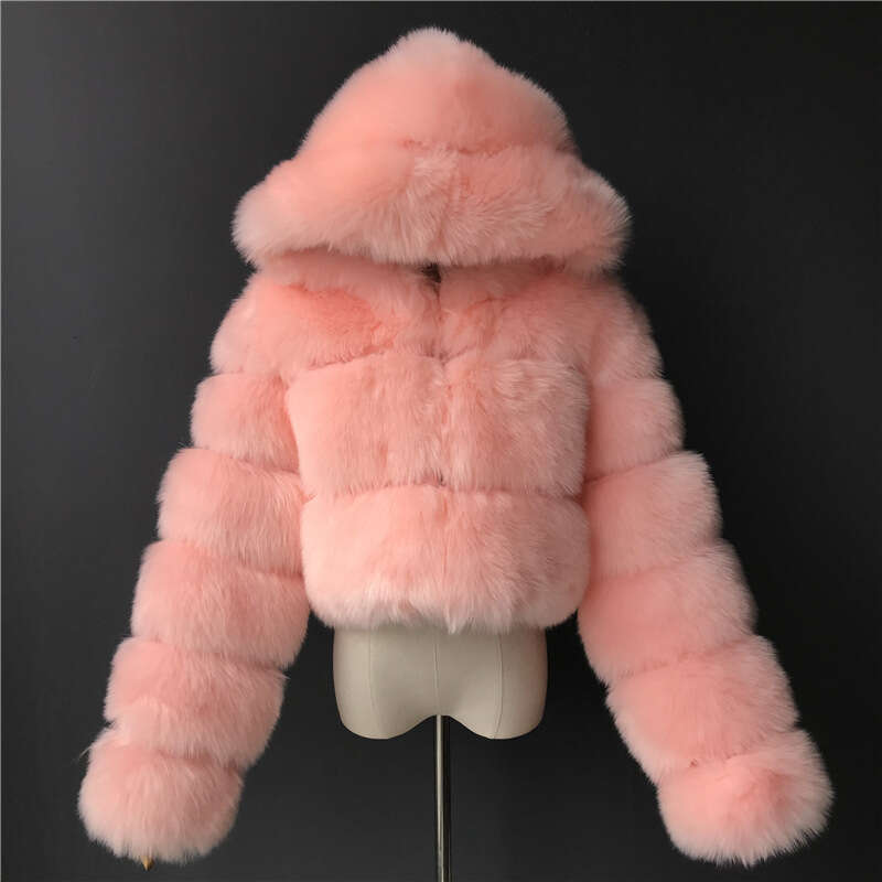 Cross-Border European and American Short Hooded Faux Fox Fur Long Sleeve Patchwork Women's Coat
