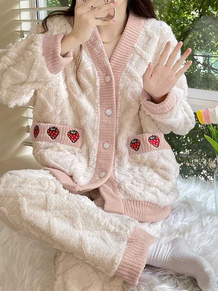 Thi Coral Fce Spwear Womens Autumn Winter Home Clothes Set Cute Sweet Sle TwoPiece Set Can Be Worn outside Z250925