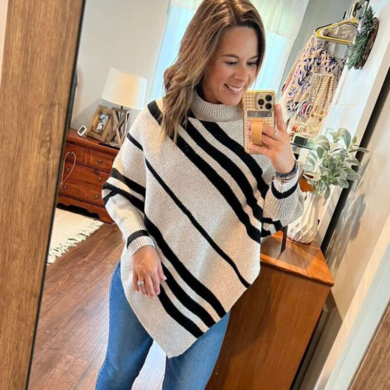 Half High Neck Pullover Striped Color-Block Shawl Cape Loose Knitted Batwing Sleeve Sweater for Women
