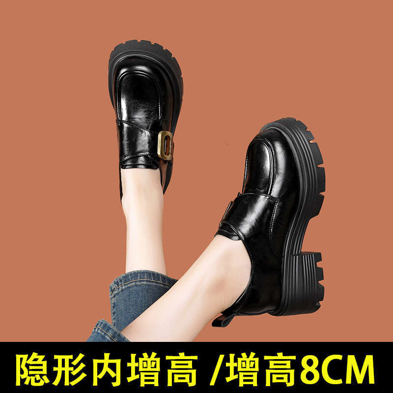 Hidden Wedge 8cm Loafers 024 New British Style Thick Sole Designer Shoe Slip-On Women's Leather Shoes for Petite Women in Autumn Black
