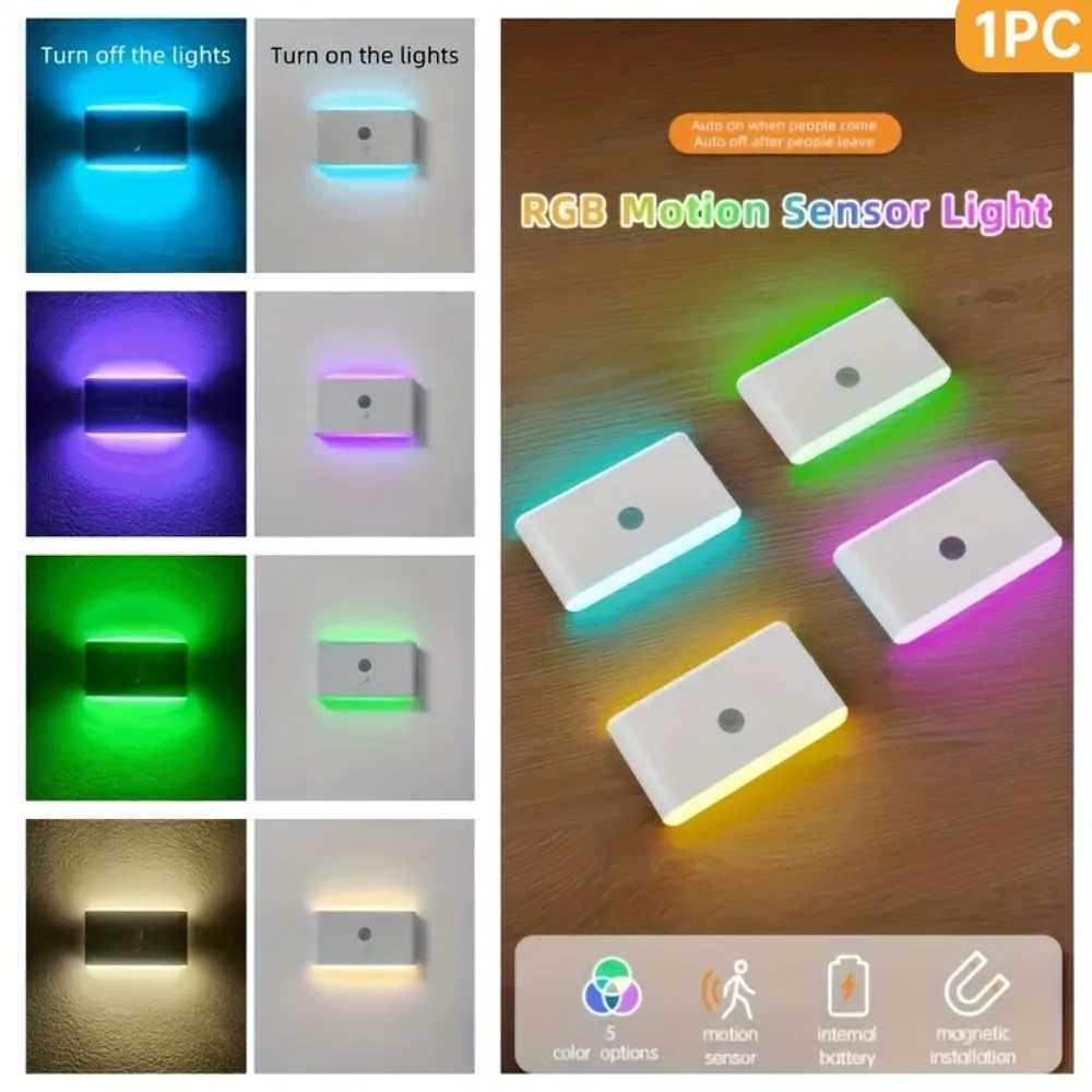 1pc USB Rechargeable LED Motion Sensor Light Thin WallMounted RGB Night Lighting for Corridors Storage Closets Kitchens C250925