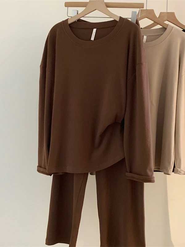 5084 Derong Thermal Pajamas for Women Autumn and Winter Casual Simple Pure Color Round Neck Long Sleeves Thickeneded Spring Fall Home Wear Set Z250925