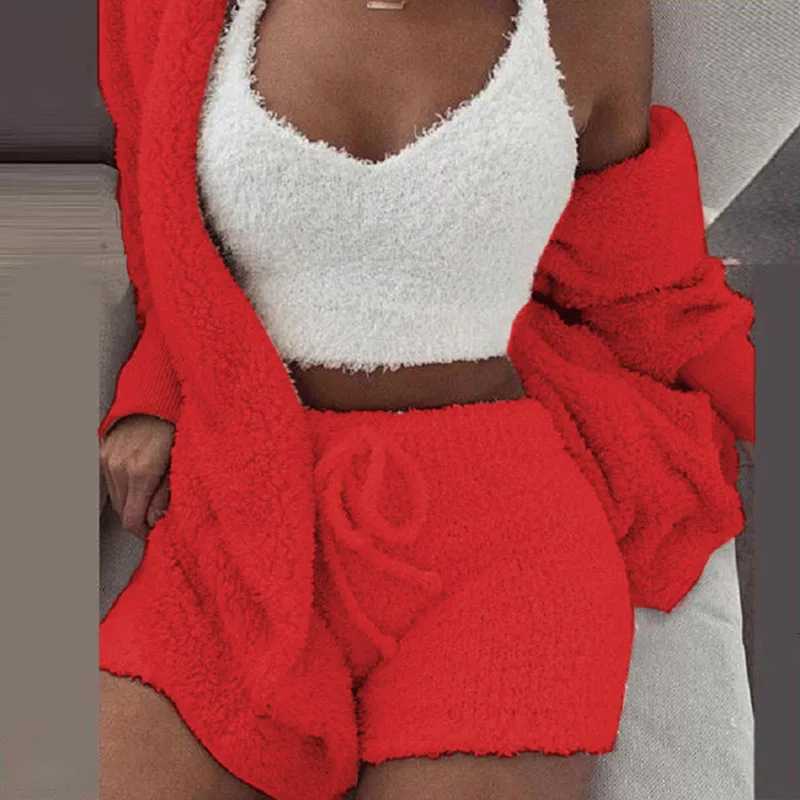 3PCSSet Thickened Warm Sleepwear Winter Women Long Plush LongSleeved Revealing Vest Shorts Student Homewear Solid Fashion Z250925