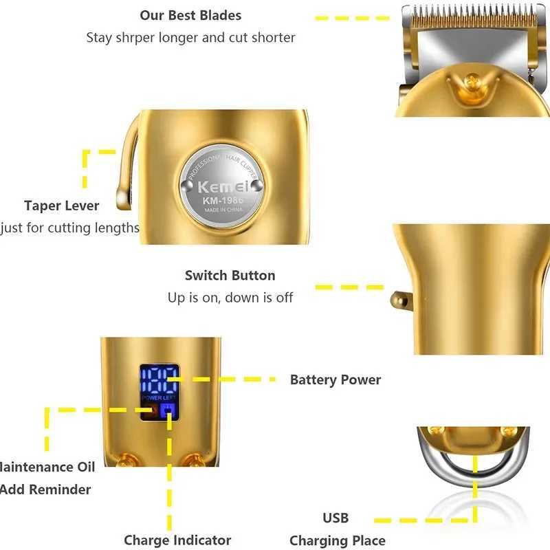 Kemei 1986 All Metal Barber Professional Hair Clipper Electric Cordless LCD Hair Trimmer Gold Silver Men Hair Cutting Machine R250926