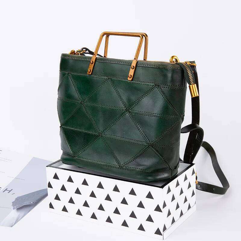 Women's New Fashion Texture Genuine Leather Triangle Splicing Handbag Metal Handle Shoulder Tote Bag For Business Office Daily Suotong0917