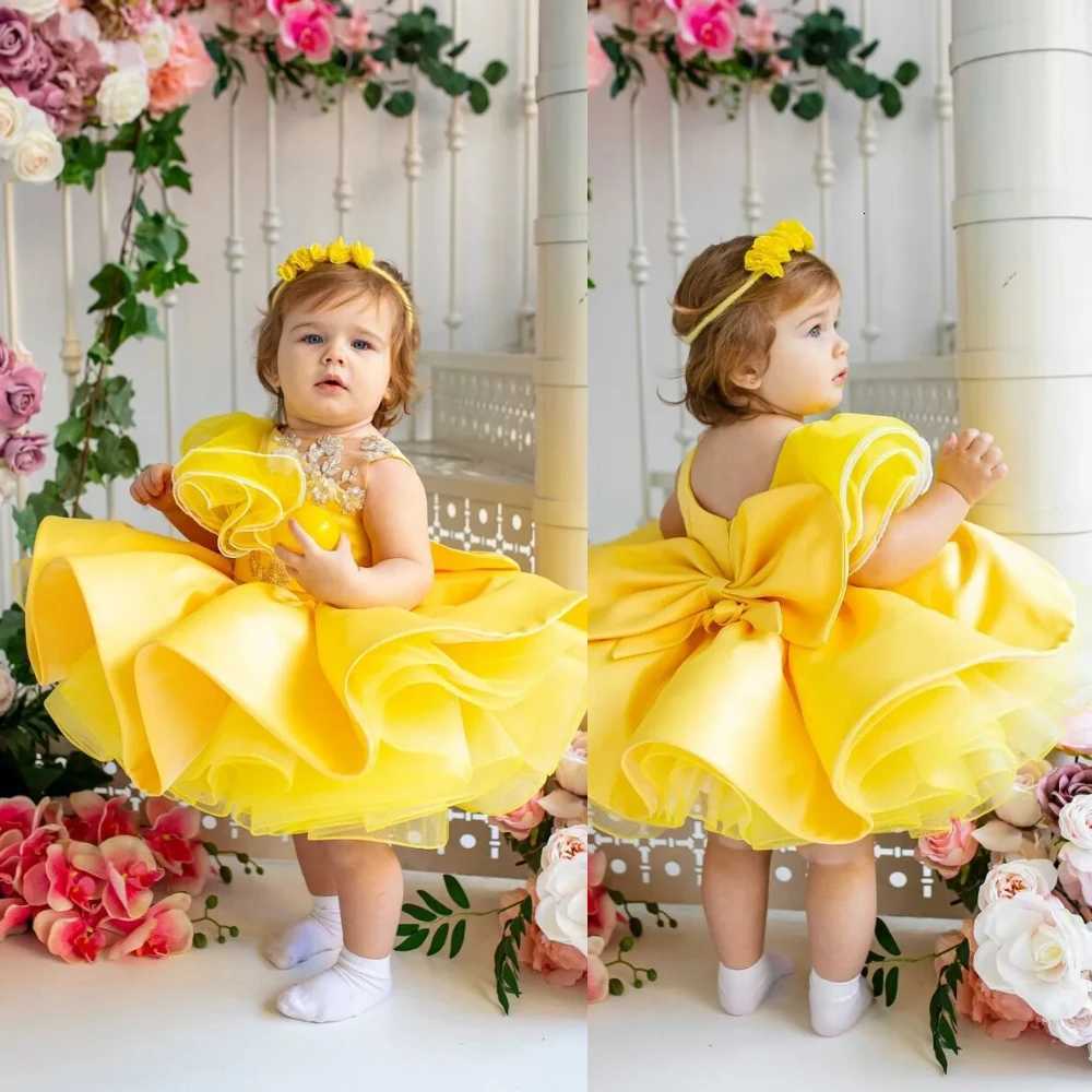 Lovely Yellow Flower Girl Dress Baby First Communion Gowns Wedding Thin Length Bow Belt Kids Birthday Gift Ball Party Clothing Z250926
