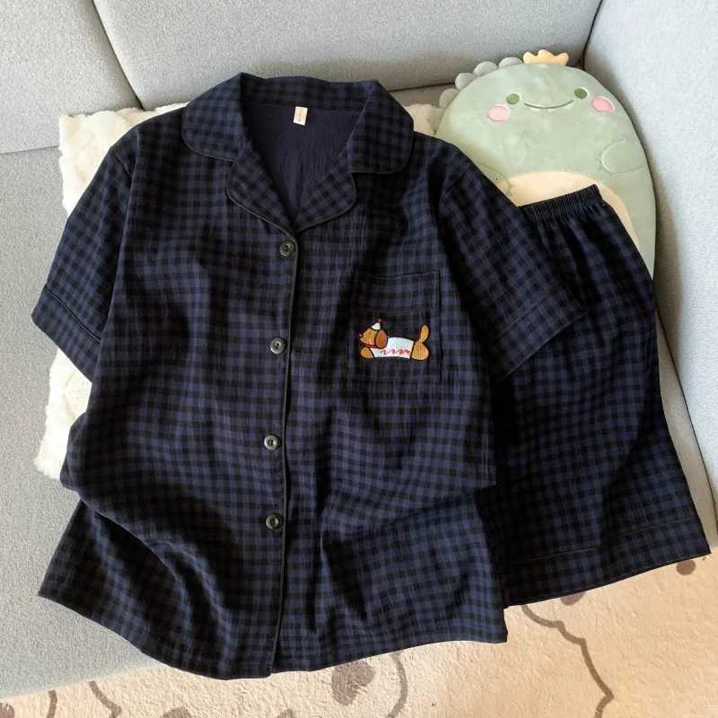 Embroidery Dog Sweet Fashion Cute Pajamas Set for Women Plaid Lapel Neck Elastic Waist Design Pajamas Short New Casual Nightwear Z250925