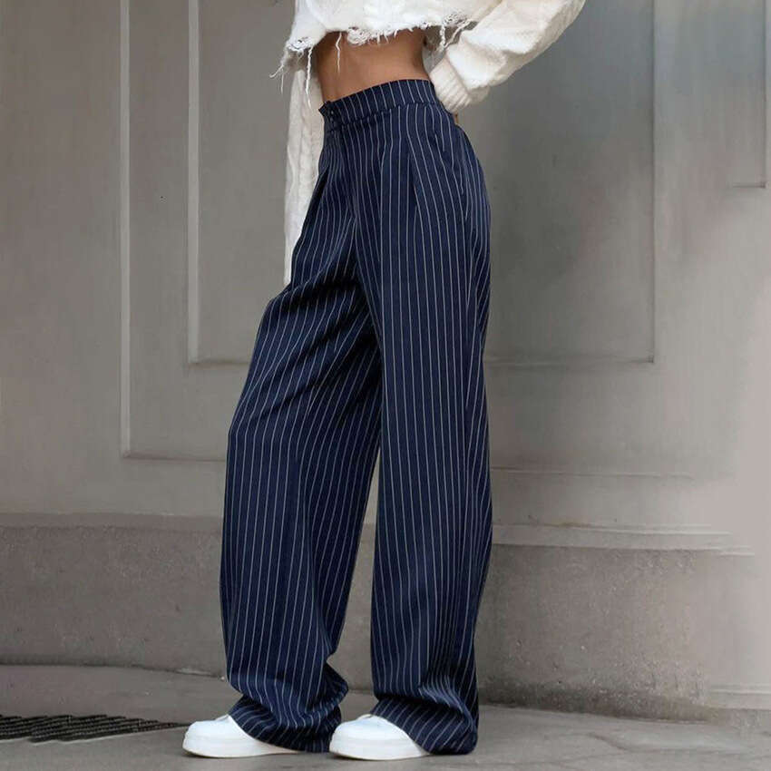 Navy Blue Striped Wide-Leg for Women 2025 Autumn Winter New Design Casual Trousers Draped Long Pants Women's Fashion