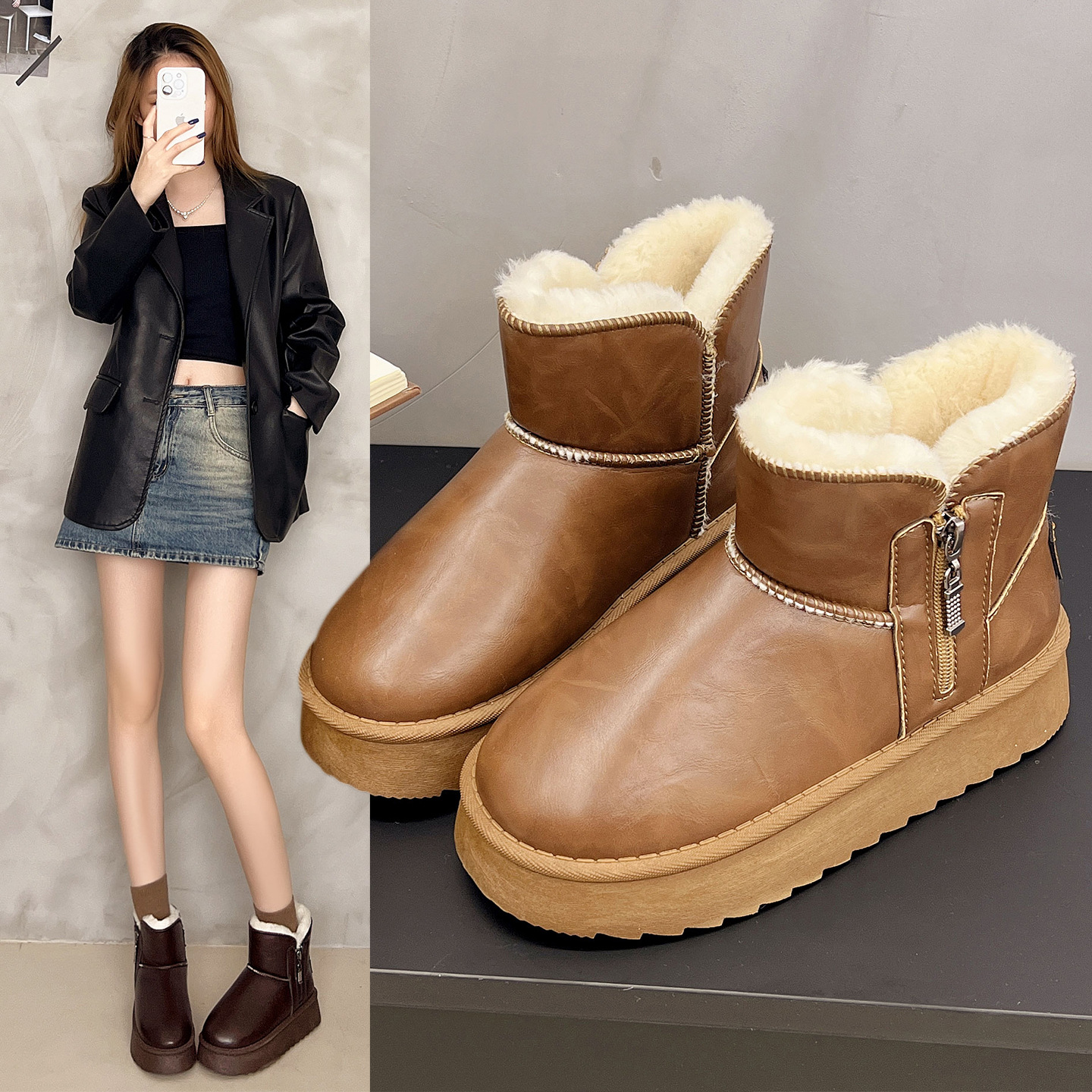 Women's thick soled side zipper snow boots anti slip new winter with plush and thick comfortable fashion cotton boots outdoor travel cotton shoes