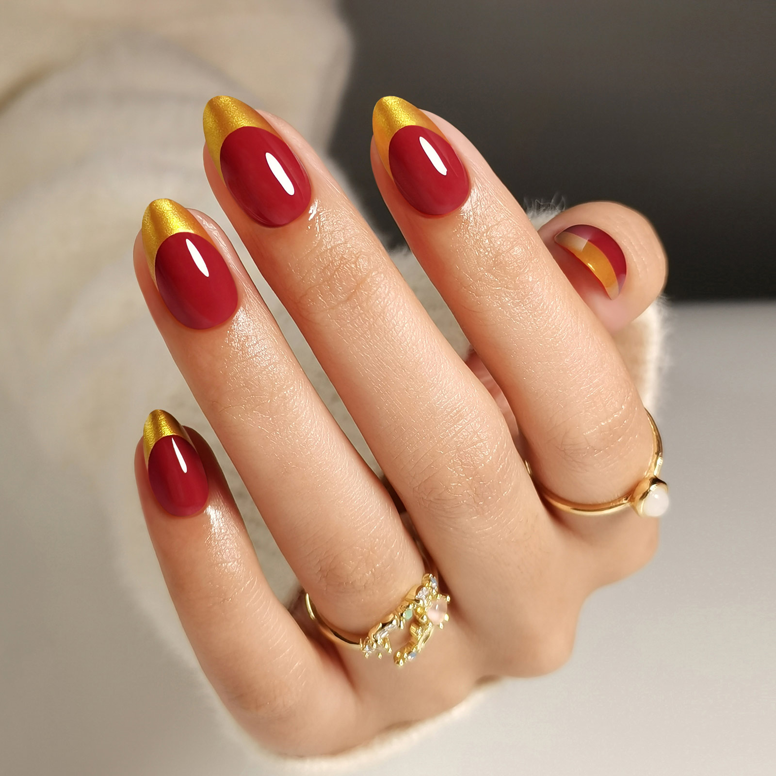 Gold French Tip Press on Nails Short in Red Finish - Soft Gel Fall Almond Nails for , Perfectly Fit Glue on Nails in 16 Sizes - 32 Reusable Fake Nails