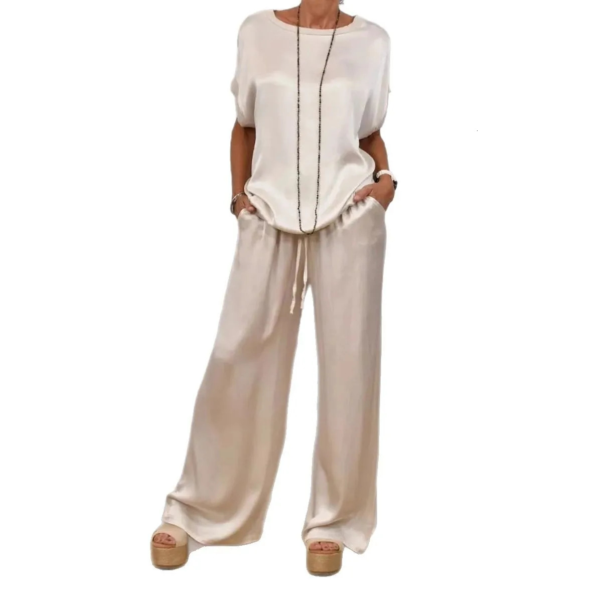 Casual Loose Satin T Shirt Pants Two Piece Set Fashion Oneck Short Sleeve Shirts Suit Spring Summer Wide Leg Pant Sets 250906
