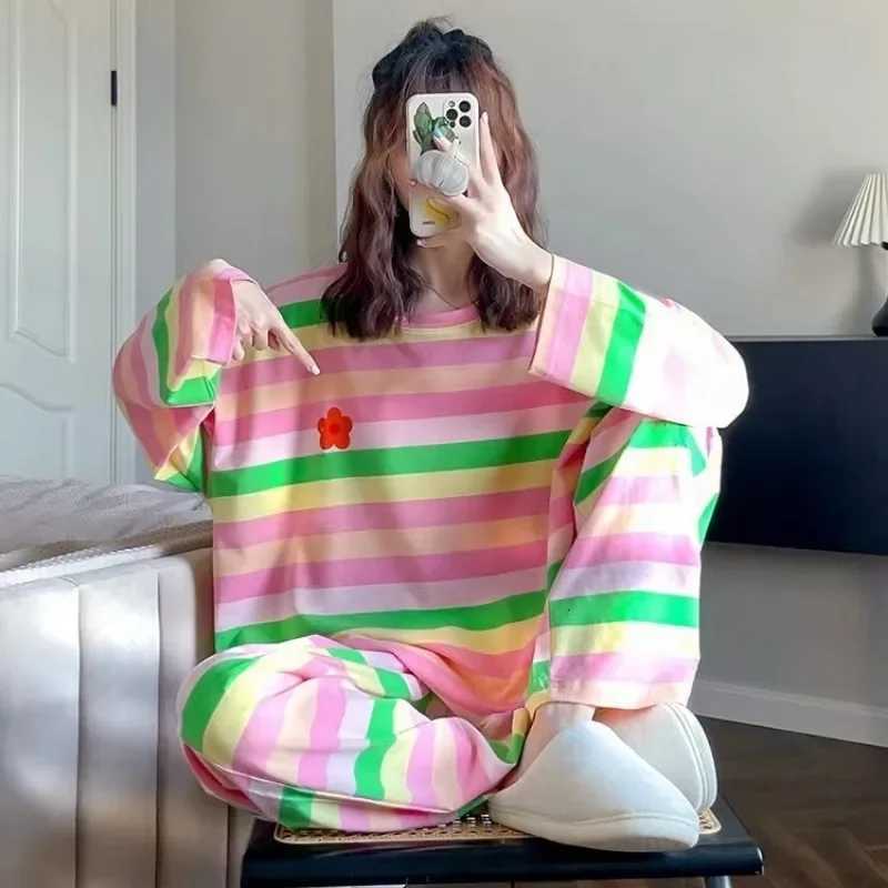 100KG Plus Size Korean Long Sleeved Pajamas Set Women Autumn Student Girls Rainbow Loungewear Can Be Worn Outside Loose Clothes Z250925