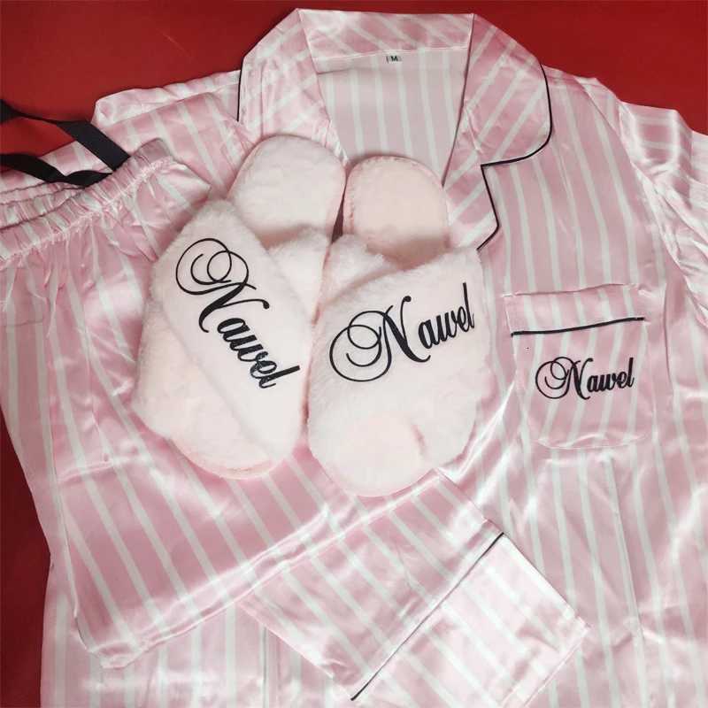 2 Piece Personalized Name Women Sleepwear Faux Silk Satin Pajamas Set Long Sleeve Sleepwear Pajamas Suit Female Homewear Z250925