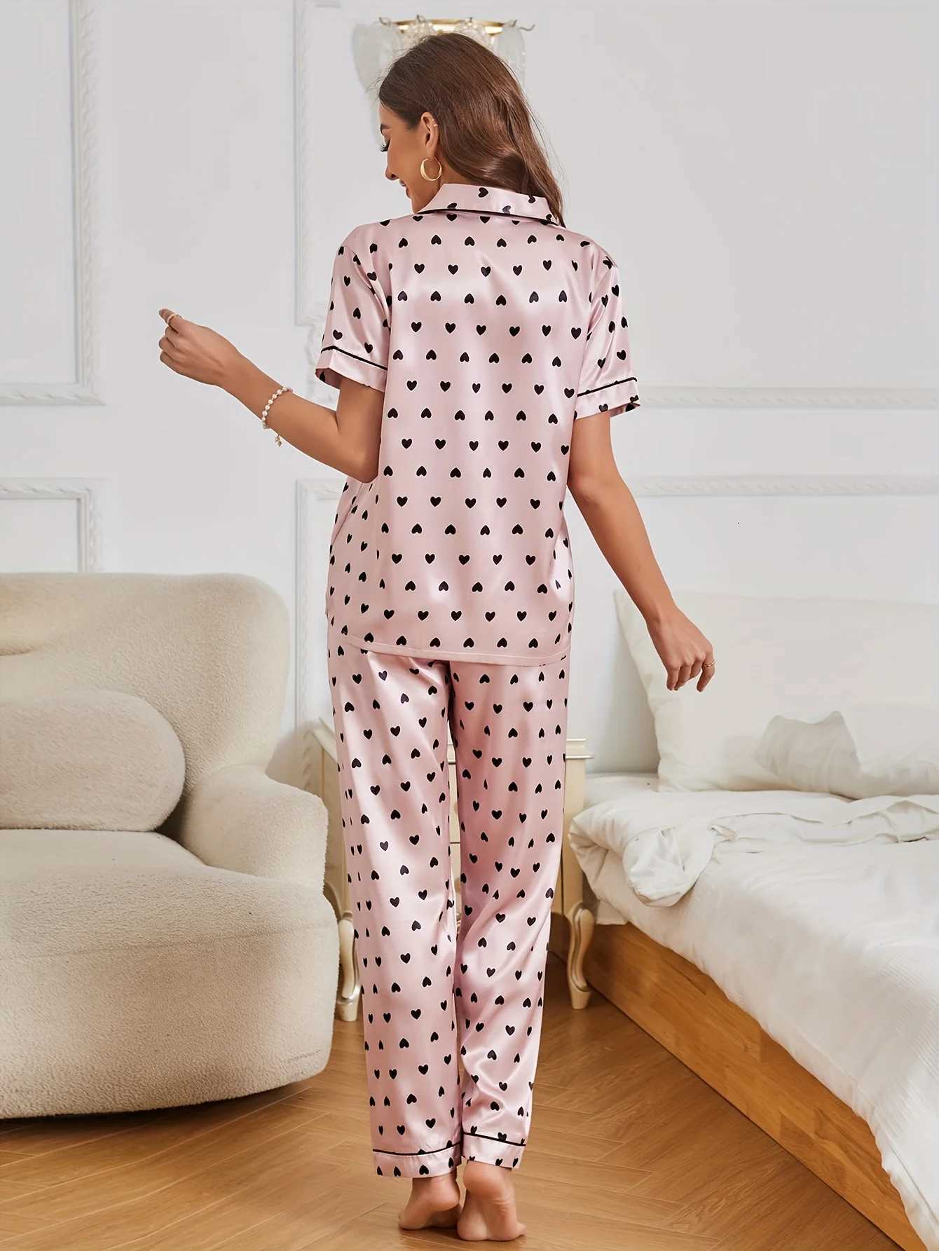 Heart Print Satin Pajama Set Casual Short Sleeve Buttons Lapel Top Elastic Pants Womens Sleepwear Z250925
