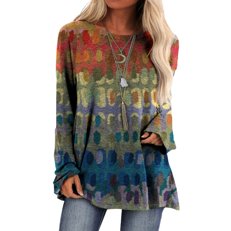 Women's Spring & Autumn New Colorful Printed Top Casual Versatile Round Neck Long - Sleeve Milk Silk Blouse-YL23482