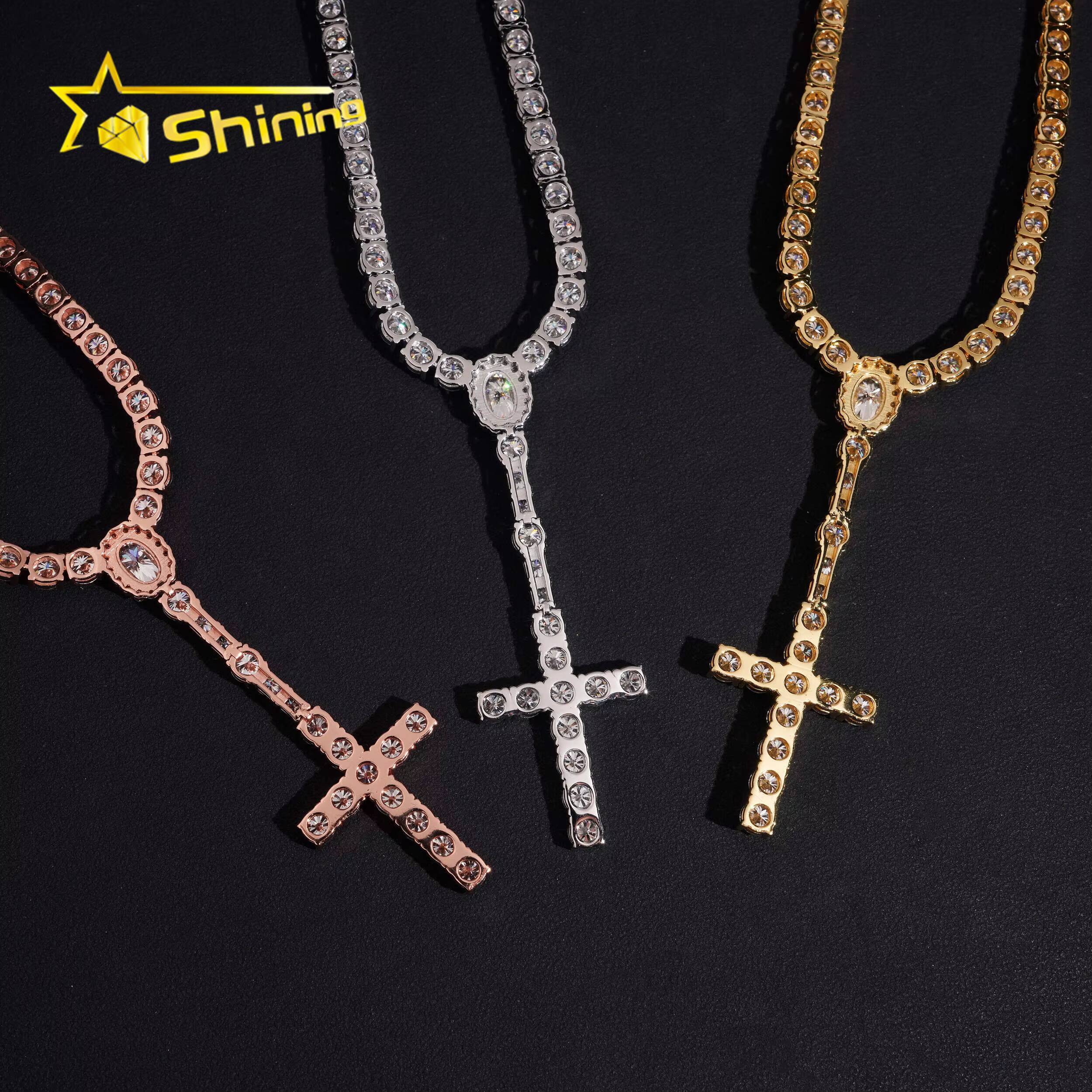 Hot Sale 5mm Moissanite Tennis Chain Necklace 925 Sterling Silver Gold Plated Pass Diamond Test Moissanite Cross Charm Necklace