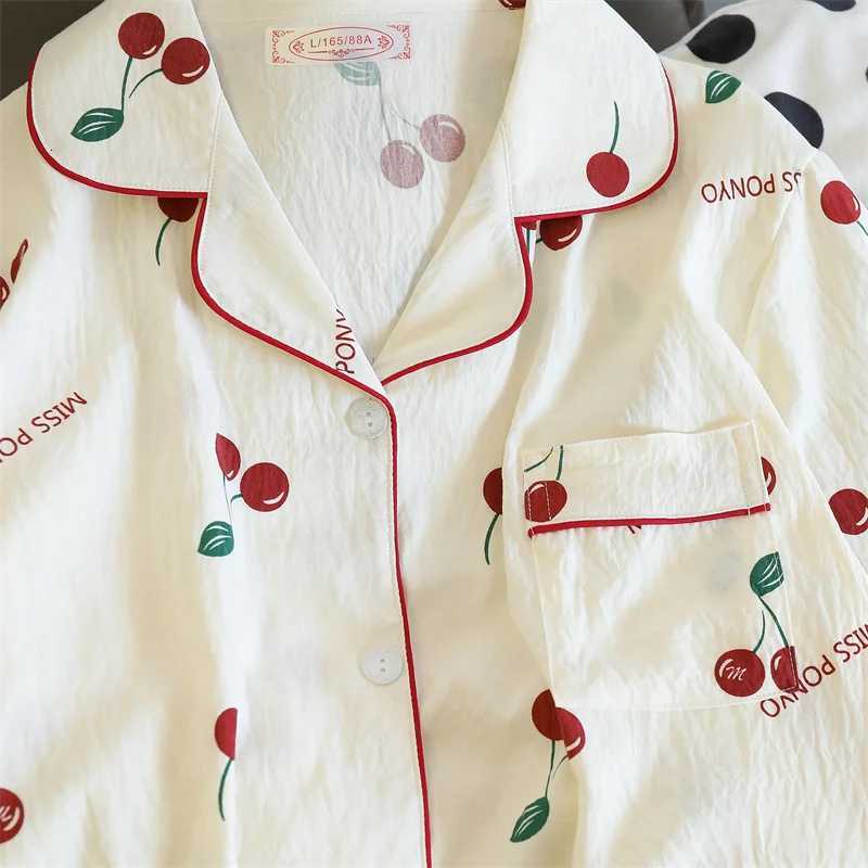 Cherries Print Two Pieces Pajamas Set Autumn Faux Cotton Pajamas Korean Fashion Home Clothes Ladies Pants and Top Set Pijamas Z250925