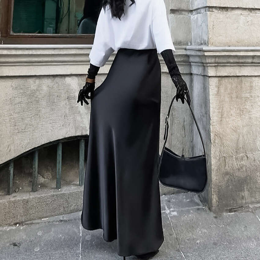 2025 Imitation Acetate Satin Midi Skirt for Women Autumn New Style Draped Slimming A-Line Long Skirt High-End Women's Fashion
