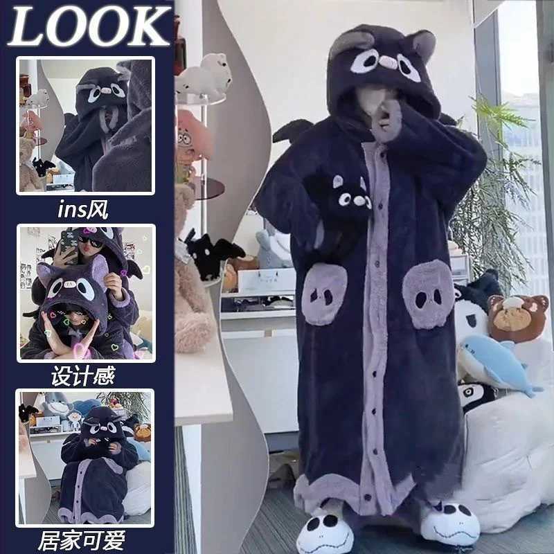 Cartoon Animal Fox Pajamas Womens Winter Coral Fleece Thickened OnePiece Plush Cute Long Hooded plus Size Robe Home wear Z250925