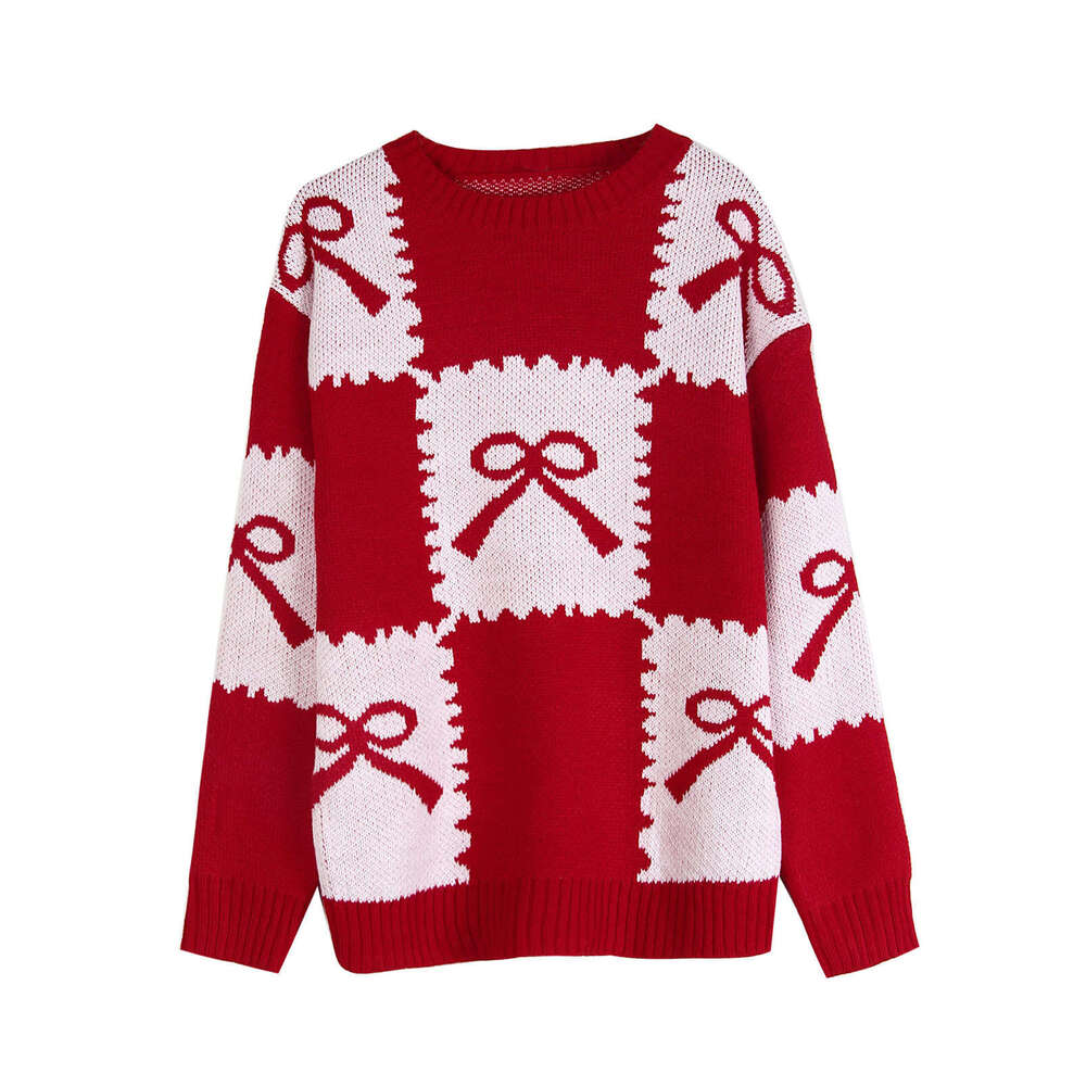 Autumn Winter New Christmas Women's Loose Knitted Sweater Checkered Bow Color-Block Pullover Top