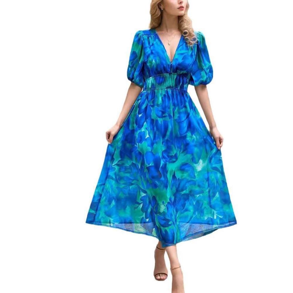 2025 Summer European and American Cross-Border Waist-Cinching Elegant V-Neck Printed Long Dress