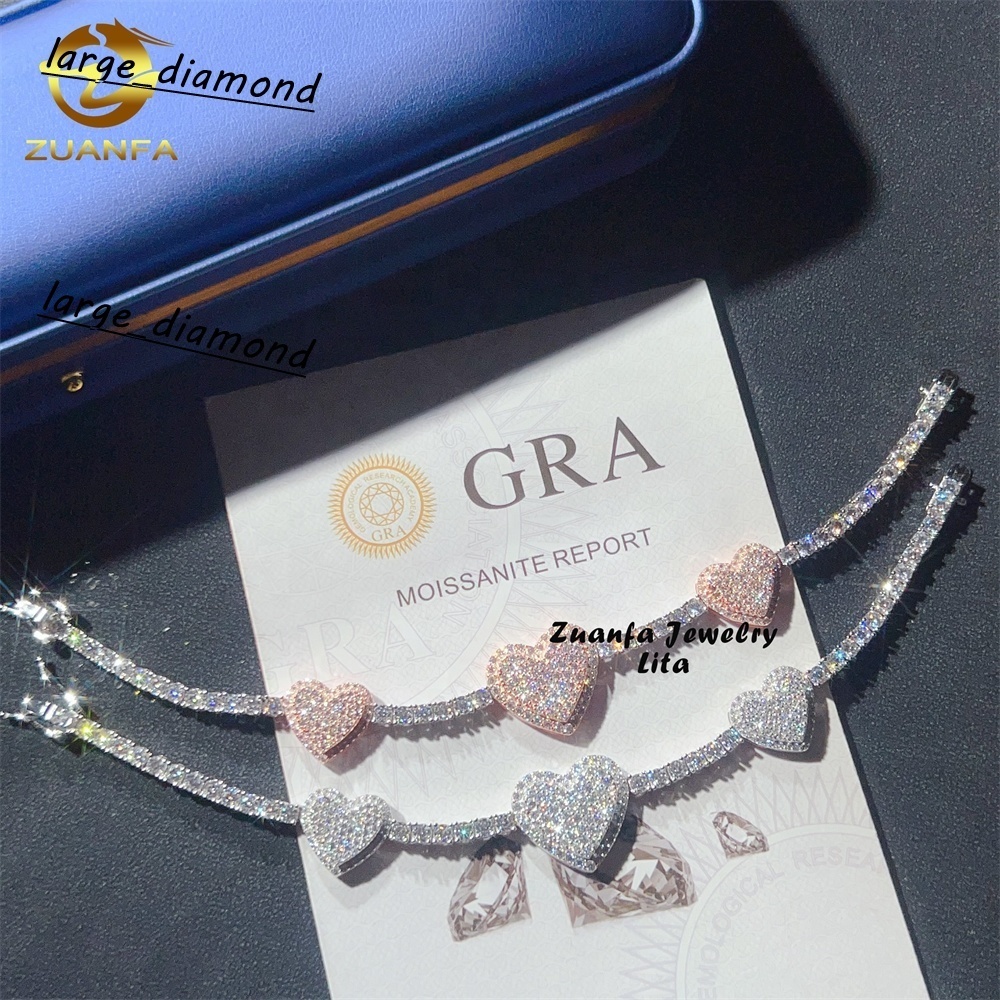 Hip Hop New Fashion Heart Two Tone 3MM Diamond 925 Sterling Silver Moissanite Tennis Chain Bracelet